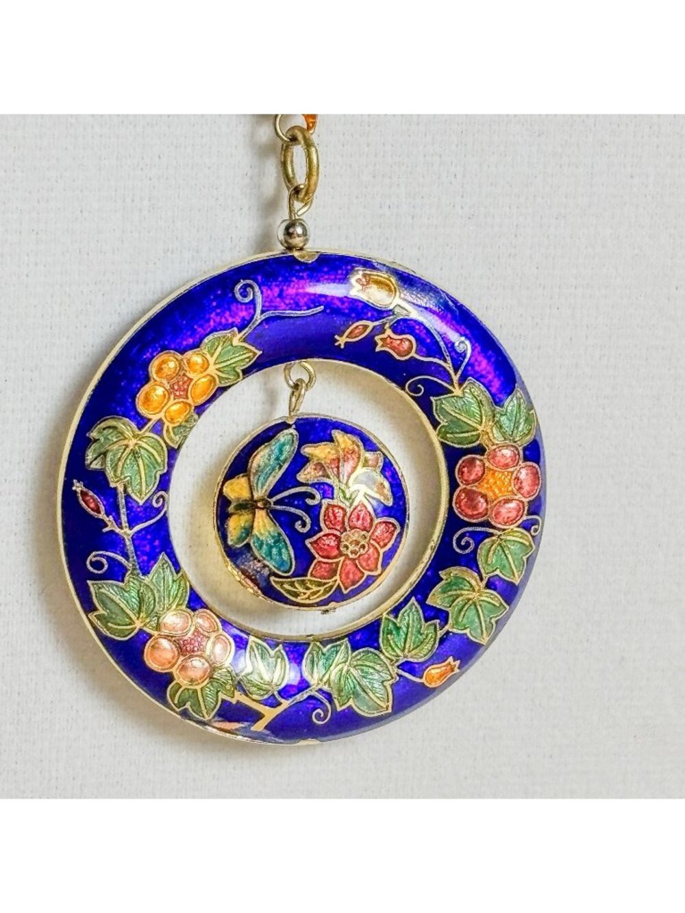 Vintage 1980s Royal Blue Cloisonne Enamel Double Sided Floral Spinning C71